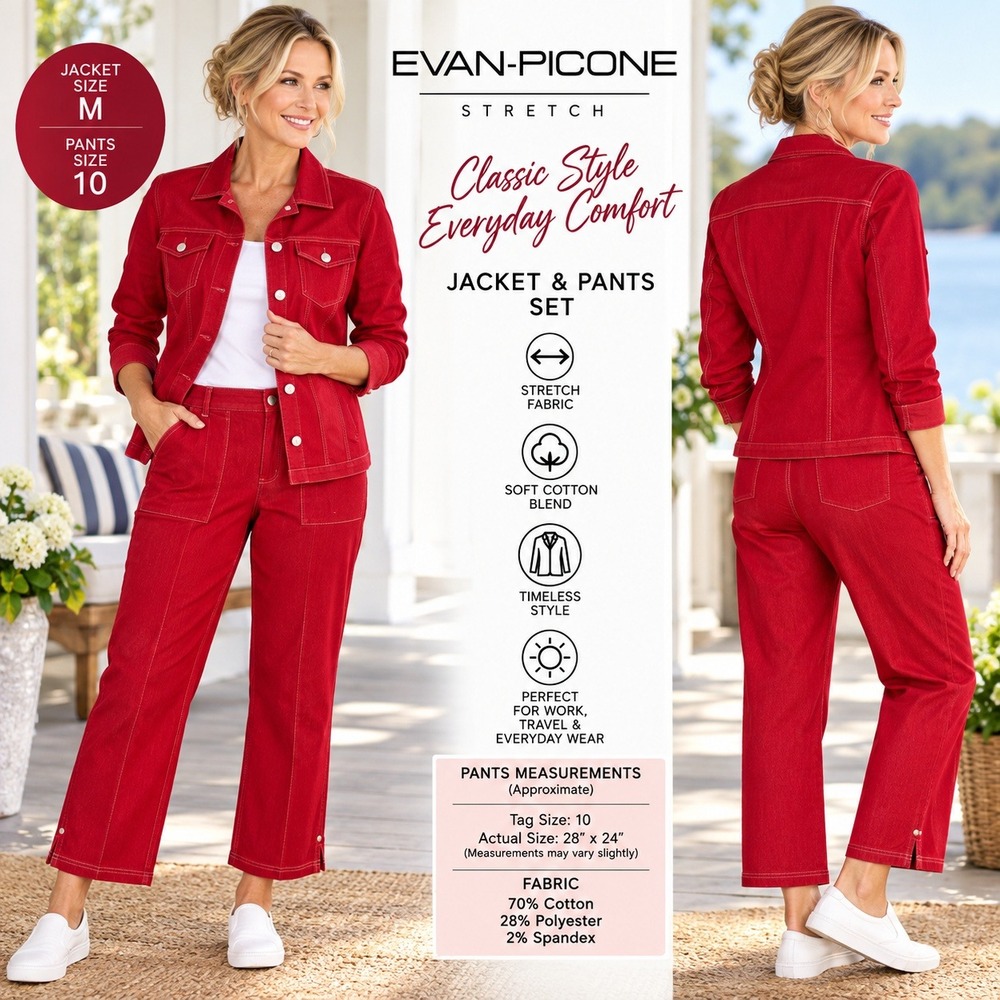NWT 2 Piece Evan Picone Red Stretch Denim Jacket Pants Set Womens M 10 Y2K #1956